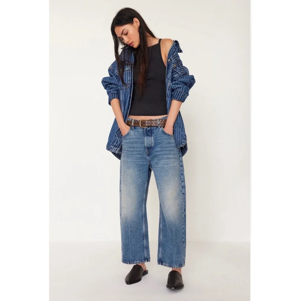 Free People We The Free Deep Trance Wide Leg Jeans Dark Wash Blue Size 27